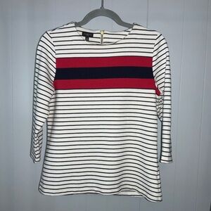 Talbots White Navy Red striped top Sz MP 3/4 Sleeve Nautical exposed back zip